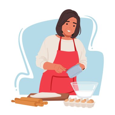 Kıdemli kadın yemek pişirmek için tutkulu bir şekilde hamur topluyor, ellerini ustalıkla karıştırıyor, örüyor ve bileşenleri şekillendiriyor, onlara sevgi ve aşçılık deneyimini aşılıyor. Çizgi film Vektör İllüstrasyonu