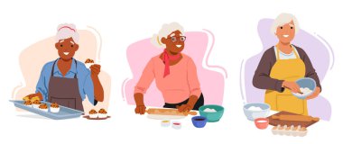 Yaşlı kadınlar neşe içinde yemek pişiriyor, onlarca yıllık bilgeliği ve lezzetli tarifleri paylaşıyor. Yürek ısıtan Gelenek, Sevgi ve Lezzet Gösterisi. Büyükanneler hamur işlerini hazırlar. Çizgi film Vektör İllüstrasyonu