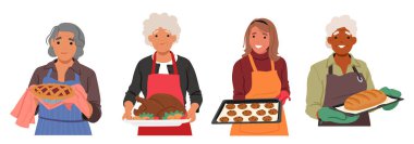 Deneyimli Yaşlı Kadınlar, Aşçılık Bilgeliği ile, Enfes Mallar, Pastalar, Kurabiyeler veya Türkiye Oluştur, Her İkram 'a Ömür boyu Sevgi ve Uzmanlık Verin. Çizgi film Vektör İllüstrasyonu