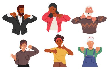 Baş parmakları aşağıda olan karakterler, onaylamamanın evrensel işareti, kaşlarını çatmak ve başparmakları indirmek bir şeyden hoşlanmamak ya da hoşnutsuzluğa düşürmek. Çizgi film İnsanları Vektör İllüstrasyonu