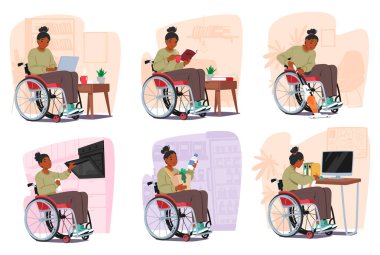 Tekerlekli sandalyedeki engelli kadın ev işlerini hallediyor. Kadın Alışveriş Karakterleri, Okuma, Süpürme ve Temizleme, Laptop ve Yemek pişirme. Çizgi film İnsanları Vektör İllüstrasyonu