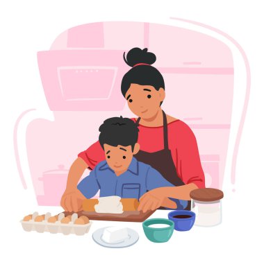 Annesini ve küçük oğlunu seven aile karakterleri, birlikte yemek pişirirken havayı dolduran bir mutfak anını, kahkahalarını ve takım çalışmalarını paylaşıyorlar. Çizgi film İnsanları Vektör İllüstrasyonu