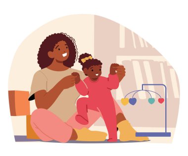 Mutlu Anne ve Küçük Kız Karakterleri. Sevgi dolu bir anne yerde kıkırdayan bebeğini meşgul eder, değerli sevinç anlarını paylaşır, bağlanır ve sonsuz gülücükler atar. Çizgi film İnsanları Vektör İllüstrasyonu