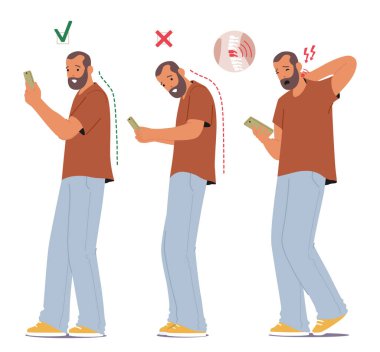 Erkek Karakteri Telefonla Yanlış Duruş, Eğilmiş, Boynu bükülmüş ve Bilekleri Gerilmiş. Düzgün duruş, dik duruş, göz hizasında telefon ve bilekler rahat, ergonomik rahatlık ve sağlık, vektör...