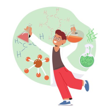 Meraklı Çocuk Kimya Deneyleri 'ni tutkuyla inceliyor. Renkli sıvıları karıştıran ve tepkileri coşkuyla gözlemleyen küçük öğrenci karakteri. Çizgi film İnsanları Vektör İllüstrasyonu