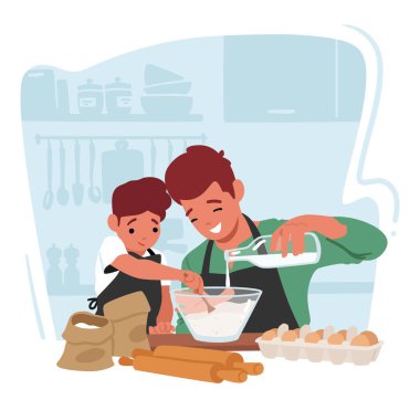 Baba ve oğul aile karakterleri yan yana neşeyle yemek pişirir, önlüklerini takar, sıcak mutfakta kahkaha ve aşk paylaşır, birlikte lezzetli anılar yaratırlar. Çizgi film İnsanları Vektör İllüstrasyonu