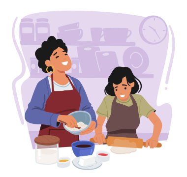 Anne ve kızı mutfakta kaynaşıyor, birlikte aşçılık büyüsü yaparken gülüşlerini ve sevgilerini paylaşıyorlar. Mutlu Aile Karakteri Her Anı Yaşıyor. Çizgi film İnsanları Vektör İllüstrasyonu