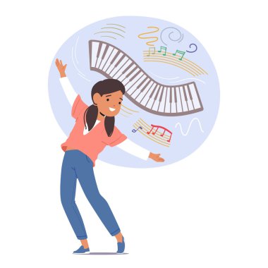 Genç kız karakter, müzik derslerine hevesle katılır, enstrüman çalmayı öğrenir, notaları gülümseyerek okur, hayat boyu müzik tutkusu yaratır. Çizgi film İnsanları Vektör İllüstrasyonu