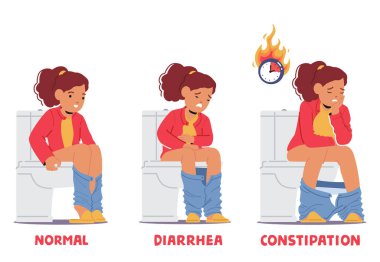 Infographic Illustrating çeşit çeşit çocuk dışkı formları, sağlıklıdan ishale ve kabızlığa kadar. Küçük Kız Karakter Kakası, Potansiyel Sağlık Sorunlarını Tanımlıyor. Çizgi film İnsanları Vektör İllüstrasyonu