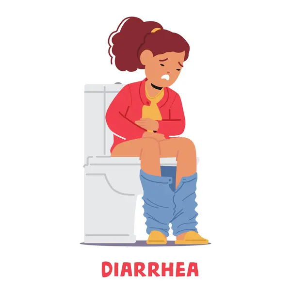 Bambino Infelice Ragazza Personaggio Con Diarrea Siede Sulla Toilette Disagio — Vettoriale Stock