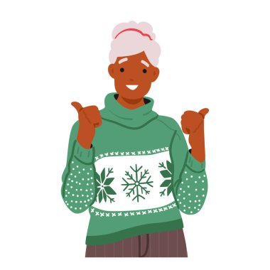 Yaşlı bayan rahat bir Noel süveteri giyiyor, şenlikli desenler ve renklerle süslenmiş. Afro-Amerikan stil karakteri. Sıcak ve tatil ruhu yayıyor. Çizgi film İnsanları Vektör İllüstrasyonu