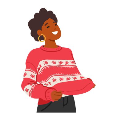 Kırmızı Şenlikli Noel Kazaklı Kadın, Canlı Kar Tanesi desenleri ve Neşeli Gülümseme ile süslenmiş Bayram Tezahüratı sezona bir dokunuş daha ekliyor. Mutlu Kadın Karakterleri. Çizgi film İnsanları Vektör İllüstrasyonu