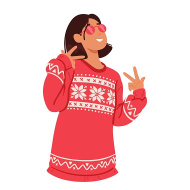 Kırmızı Şenlikli Noel Kazaklı Kadın, canlı tatil desenleri ve renkleri ile süslenmiş. Kendine güvenen kadın karakter pozu, sezonluk tezahürat ve sıcaklık yayıyor. Çizgi film İnsanları Vektör İllüstrasyonu