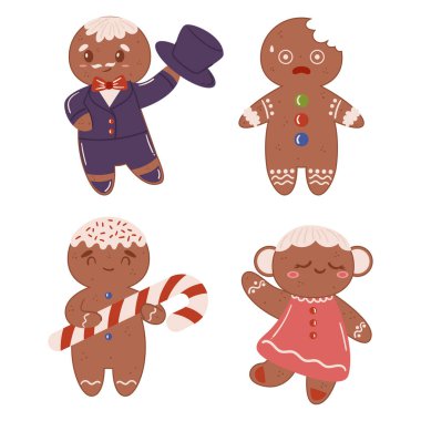 Hoş zencefilli kurabiye seti, çekici erkek ve kadın figürleri, renkli şekerleme ve süslemelerle süslenmiş, bayramlık ziyafetler için mükemmel. Çizgi film Vektör İllüstrasyonu