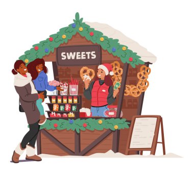 Anne ve Kız Karakterleri, Satış elemanı bayanın renkli şekerlemeler satmasıyla Noel Fuarı 'nda toplanıyor. Yüzleri zevkten kıpır kıpır parlıyor. Çizgi film İnsanları Vektör İllüstrasyonu