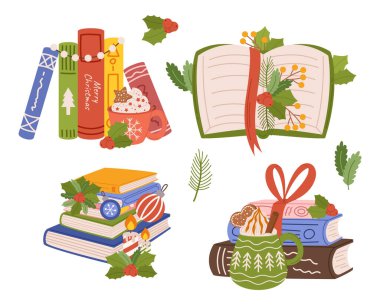 Sıcak kışın kitap yığınları, dumanı tüten kakaolar, Holly Berries, mumlar ve parıldayan ışıklar, neşeli ve davetkar bir tatil atmosferi oluşturur. Çizgi film Vektör İllüstrasyonu
