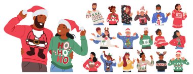 Neşeli Tasarımlar ve canlı renklerle süslenmiş Noel süveterleri giyip, sıcak gülümsemeler ve iç açıcı bir ruhla bayram tezahüratı yapan şenlikli karakterler. Çizgi film İnsanları Vektör İllüstrasyonu