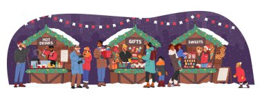 Parıldayan Gece Gökyüzü Altındaki Karakterler, Noel Festivali 'nde toplanıp tatil hediyeleri ve hediyelerle dolu renkli tezgahlara göz atıyorlar. Çizgi film İnsanları Vektör İllüstrasyonu