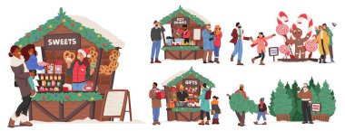 Aileler, parıldayan ışıklarla süslenmiş, el yapımı el sanatları, lezzetli ikramlar ve tatil dekorasyonlarıyla süslenmiş büyüleyici tezgahları keşfetmek için Noel Festivali 'nde toplanıyor. Çizgi film Vektör İllüstrasyonu