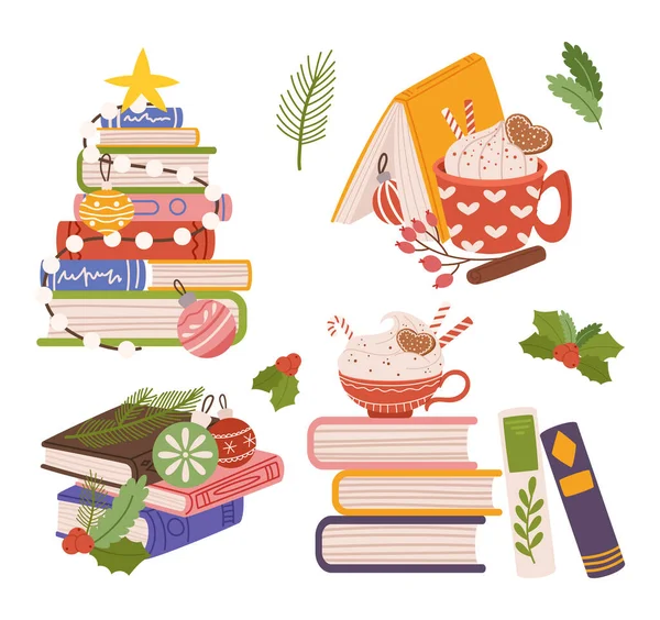 Sıcak Kış Noel Koleksiyonu. Tatil için kitap yığınları buharlı kakao, çelenk, kozalaklı ağaç dalları, Baubles, Holly Berry ve Star ile süslenmiş. Çizgi film Vektör İllüstrasyonu