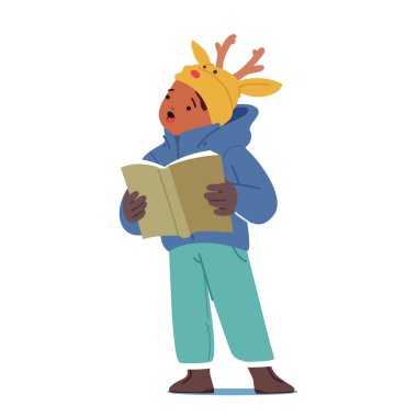 Neşeli Çocuk, Kış Giysisine Sarılmış, Geyik Antler 'la Şapka, Neşeli Noel Şarkıları Söylüyor, Bulaşıcı Bayram Ruhlarıyla Sıcak ve Tezahürat Yapıyorlar. Çizgi film İnsanları Vektör İllüstrasyonu