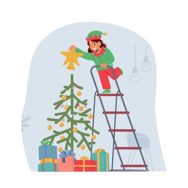 Neşeli çocuk, şen şakrak giyinmiş, zarif bir şekilde Noel ağacının tepesine renkli süslerle ve ışıldayan ışıklarla yıldız koyuyor. Çocuk Karakteri Bayram Neşesi Yayıyor. Çizgi film Vektör İllüstrasyonu