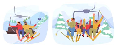 Kar örtülü ağaçlar etraflarını sararken kayakçı karakterleri renkli bir dişlide, sakin bir kış manzarasında, bir gökdelen üzerinde yükselirler. Çizgi film İnsanları Vektör İllüstrasyonu