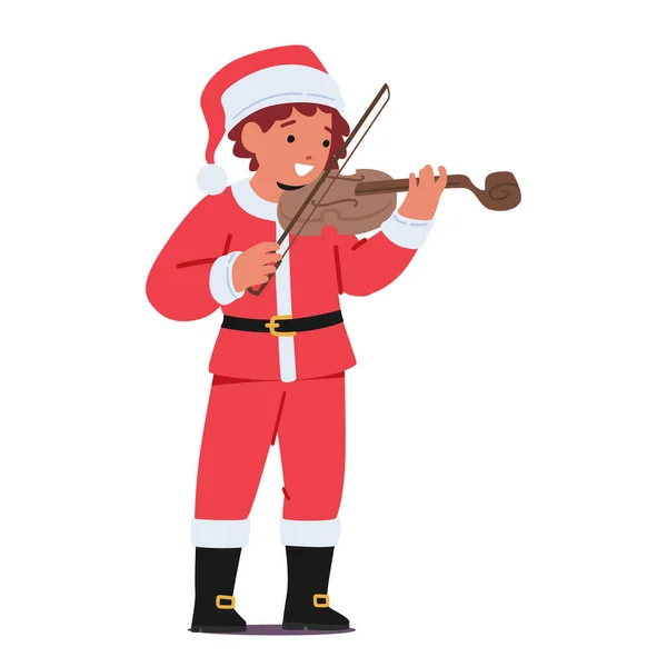 Joyful Kid Festive Christmas Santa Claus Costume Plays Violin Boy — Stock Vector