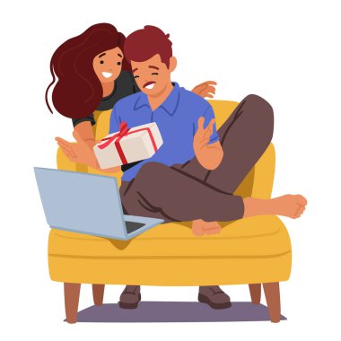 Karakterler karşılıklı düşünceli hediyeler alırlar, gülüşleri, paylaşılmış kutlamalarında içli bir an yaratmanın ve onlara vermenin ve almanın sevincini yansıtır. Çizgi film Vektör İllüstrasyonu