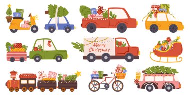 Neşeli ışıklarla parıldayan, süslenmiş Noel arabaları karlı sokaklarda neşe saçan, çatılarda ağaçlar taşıyan ve neşeli melodilerle ve kahkahalarla mevsimin ruhunu taşıyan. Çizgi film Vektör İllüstrasyonu