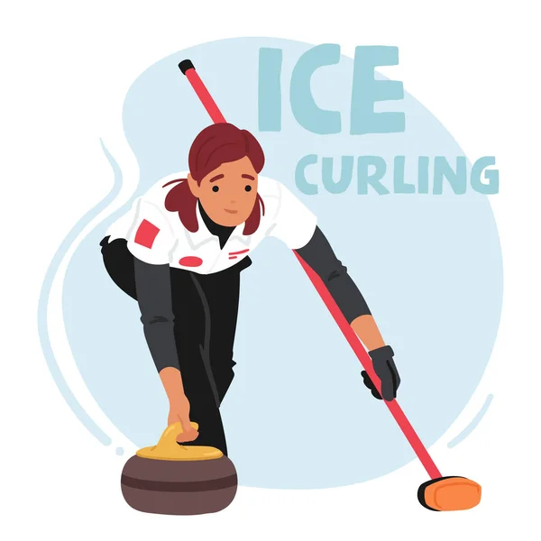Půvabná Ledě Žena Klouže Přesností Vydává Curling Stone Soustředění Leptané — Stockový vektor