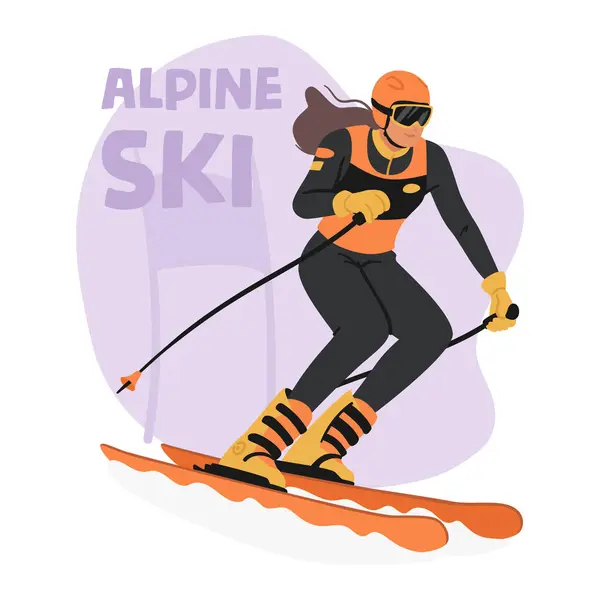 Alpine Skiing Thrilling Winter Sport. Athlete Female Character Zooming Down Snowy Slopes, Carve Through The Mountains, Navigating Twists And Turns, Embracing The Icy Rush With Skill And Speed
