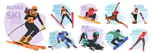 Set of Athletes Characters Engage in Winter Sports, Enjoying Exhilarating Moments On Icy Slopes. From Graceful Figure Skating, Skiing and Bob Sleigh To Thrilling Snowboarding, Hockey and Free Ride