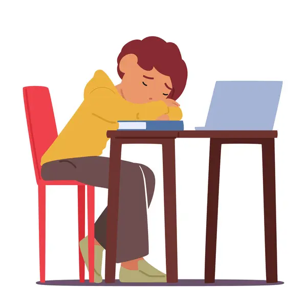 Εξαντλημένος Μαθητής Κοιμάται Στο Γραφείο Βιβλίο Και Lap Top Βαριά — Διανυσματικό Αρχείο
