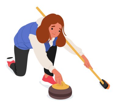 Buzlu yüzeyde süzülen ruhlu bir kız stratejik olarak kıvrımlı bir taş kaydırıyor kış sporuna katılma kararlılığını yansıtan odaklanmış ifadesi. Çizgi film Vektör İllüstrasyonu