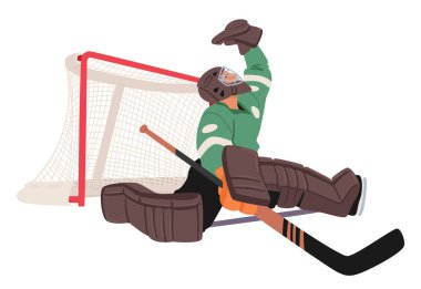 Determined Hockey Goalkeeper Guards The Net With Focused Intensity, Clad In Vibrant Gear. Masked And Agile, Character Ready To Thwart Any Oncoming Puck Challenge. Cartoon People Vector Illustration clipart