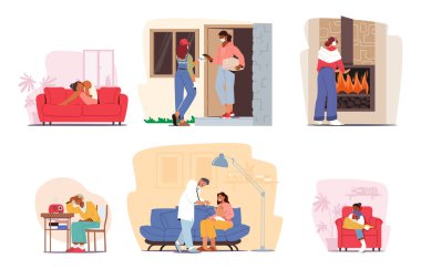 Solgun yüzlü, yorgun gözlü ve öksüren hasta karakterler. Battaniyeler ve dokular insanları sarar, hastalığa karşı savaşta rahatsızlık ve hassasiyet taşırlar. Çizgi film Vektör İllüstrasyonu