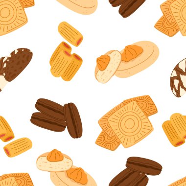 Kusursuz desensiz dekore edilmiş lezzetli kurabiyeler, her duruma ya da projeye cazibe katmak için mükemmel bir tatlı ve şatafatlı tasarım. Çizgi film Vektör İllüstrasyonu