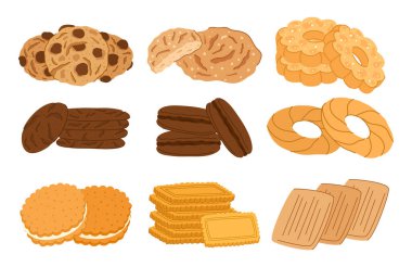 Lezzetli kurabiyeler, her biri küçük bir başyapıt. Şeker çemberleri, çikolata parçaları ve zencefilli kurabiye çiçekleri bu baştan çıkarıcı sette tatlı bir lezzet senfonisi oluşturur. Çizgi film Vektör İllüstrasyonu