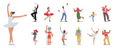 Canlı İnsanlar Neşeli Dans, Bulaşıcı Enerjiyle Ritme Geçmek. Dans pistinde canlı bir kutlama ve birliktelik manzarası oluşturan karakterler. Çizgi film İnsanları Vektör İllüzyonu, Ayarla