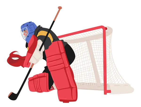 Focused Hockey Goalkeeper Character Guards The Net With Determination, Clad In Protective Gear And A Mask. Ready For Action, A Formidable Presence On The Ice. Cartoon People Vector Illustration