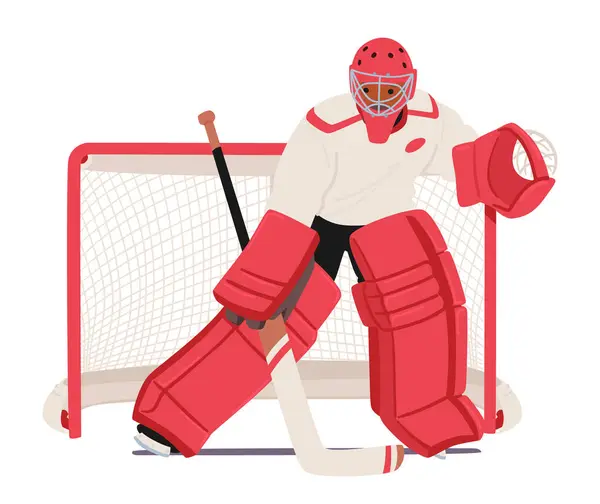 Odhodlaný Hokejový Brankář Stráže Síť Agilní Pohyby Oblečený Červeném Soustředěný — Stockový vektor