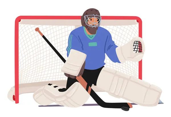 Soustředěný Hokejový Brankář Střeďuje Síť Odhodláním Oblečený Barevném Ozubení Připraven — Stockový vektor