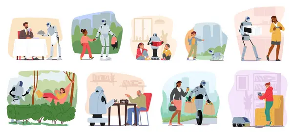 未来派机器人执行人类日常事务 在餐馆服务 读书和与孩子一起散步 帮助购物者 家庭和业余时间 卡通人物矢量图解 — 图库矢量图片