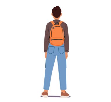 Erkek karakter sırtına sıkıca bağlanmış bir sırt çantasıyla kendine güvenen bir poz veriyor. Sırt çantası taşımak için omuzları dik duran ve kafası dik duran adam. Vektör İllüstrasyonu
