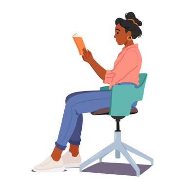 Sandalyedeki poz okunuyor. Siyah Kadın Karakteri rahat bir şekilde oturuyor, omurgası düz, elleri nazikçe bir kitabı sallıyor, gözleri sayfalara dalmış. Çizgi film İnsanları Vektör İllüstrasyonu