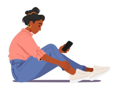 Akıllı telefonuna dalmış Kamburlar Kadını. Kadın Karakteri Uygunsuz Poz Veriyor. Zeminde oturan kız, Ekrana bakarken vücudu kötü bir şekilde bükülmüş. Çizgi film Vektör İllüstrasyonu