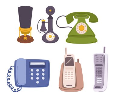 Vintage Telefon Koleksiyonu. Çevirmeli ve düğmeye basılı modeller dizisi, Nostaljik bir tasarım ve işlevselliğin karışımı ile iletişim evriminin hikayesini anlatıyor. Çizgi film Vektör İllüstrasyonu