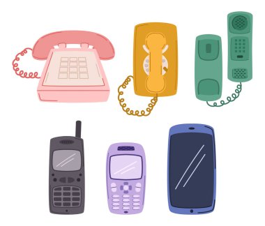 Telefon Koleksiyonu, çeşitli vintage Rotary dizileri, düğmeli ve dijital modeller gösteriyor, İletişim Teknolojisi Retro Tasarımlarının Evrimini Yakalıyor. Çizgi film Vektör İllüstrasyonu