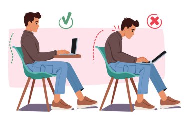 Man Bad and Good Poses for Working on Pc. Wrong, Hunched Back And Cramped Shoulders. Proper, Straight Back, And Relaxed Shoulders, For Ergonomic Laptop Use, Promoting Better Posture And Comfort clipart